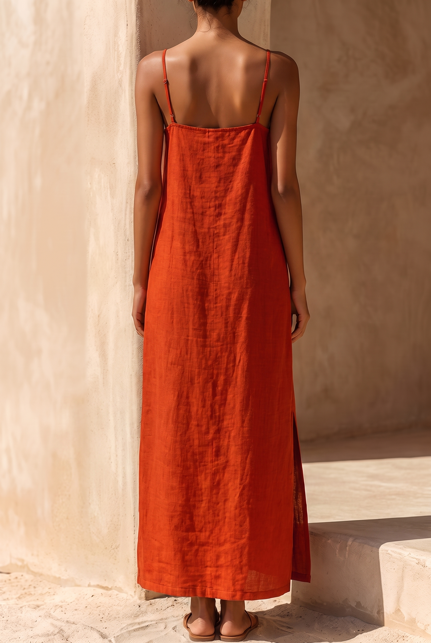 Women's Red Linen Dress With Spaghetti Straps & Square Neck, Timeless Boho-Resort Style Dress