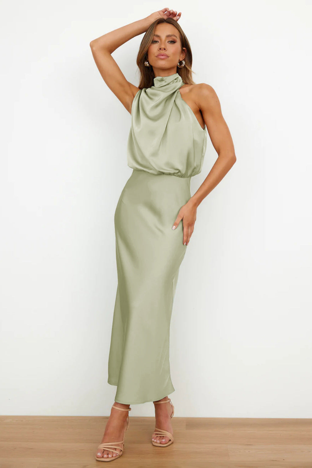 Nzmarket Valerie Long Satin Halter Neck Dress – Elegant Formal Evening Wear
