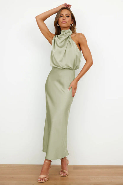 Nzmarket Valerie Long Satin Halter Neck Dress – Elegant Formal Evening Wear