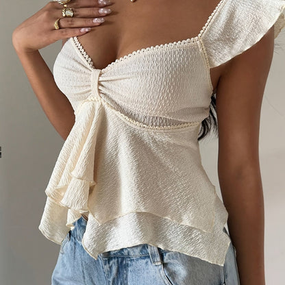 Nzmarket Lunora Y2K Sweetheart Neckline Ruffle-Hem T-Shirt
