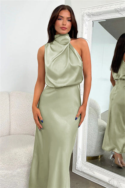 Nzmarket Valerie Long Satin Halter Neck Dress – Elegant Formal Evening Wear