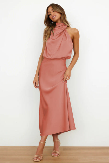 Nzmarket Valerie Long Satin Halter Neck Dress – Elegant Formal Evening Wear