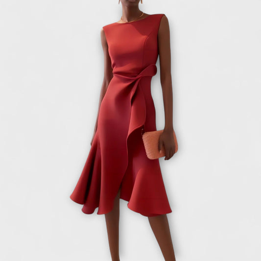 Dravia | Sleeveless Asymmetric Draped Evening Midi Dress