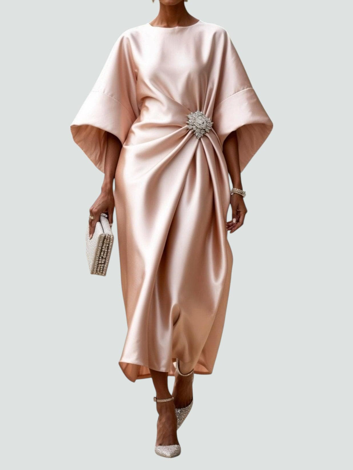 Capella | Draped Cape Sleeve Brooch Formal Maxi Gown