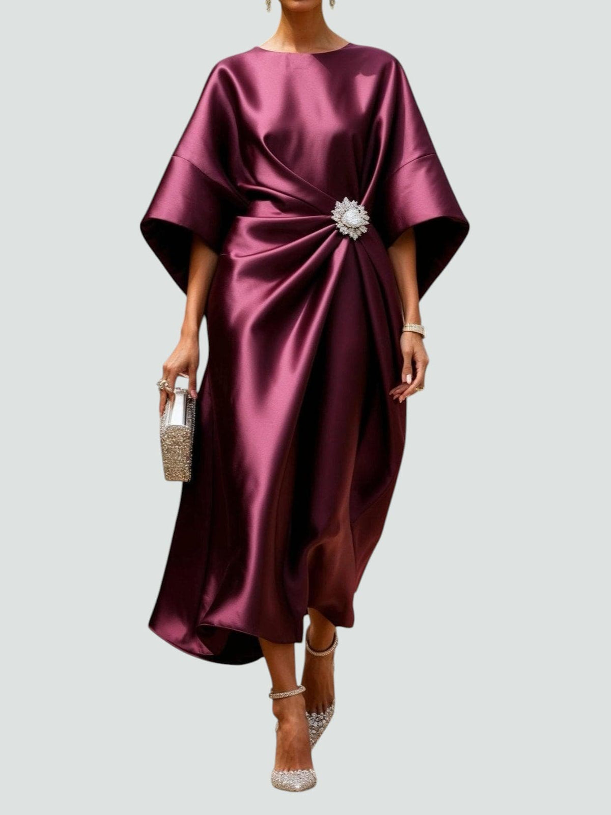Capella | Draped Cape Sleeve Brooch Formal Maxi Gown