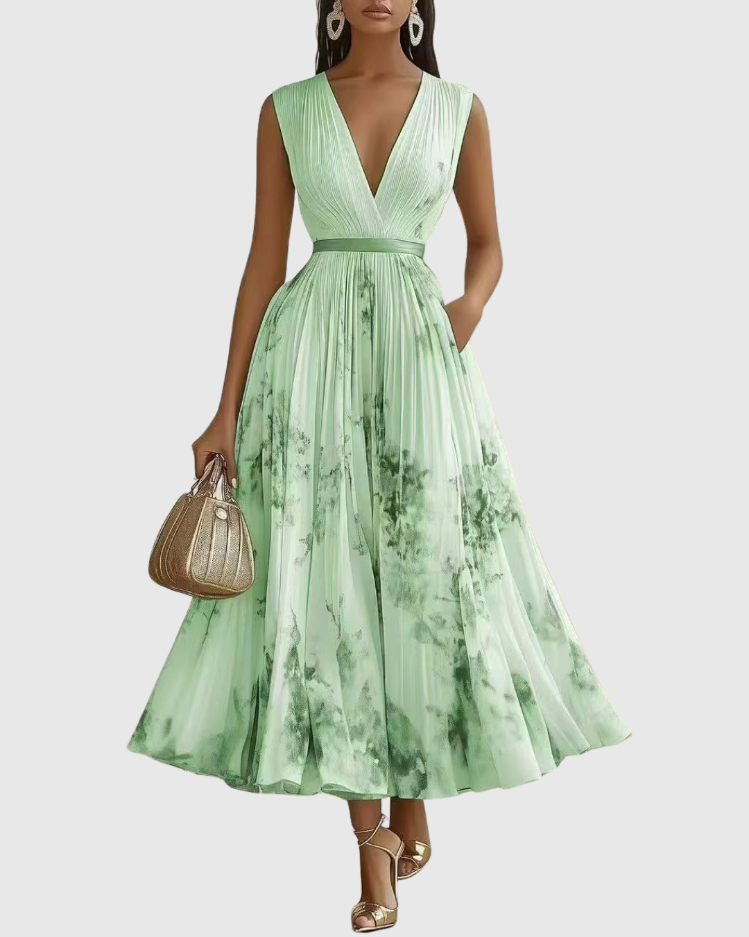 Plyssara | Printed Pleated Deep V Occasion Maxi Dress