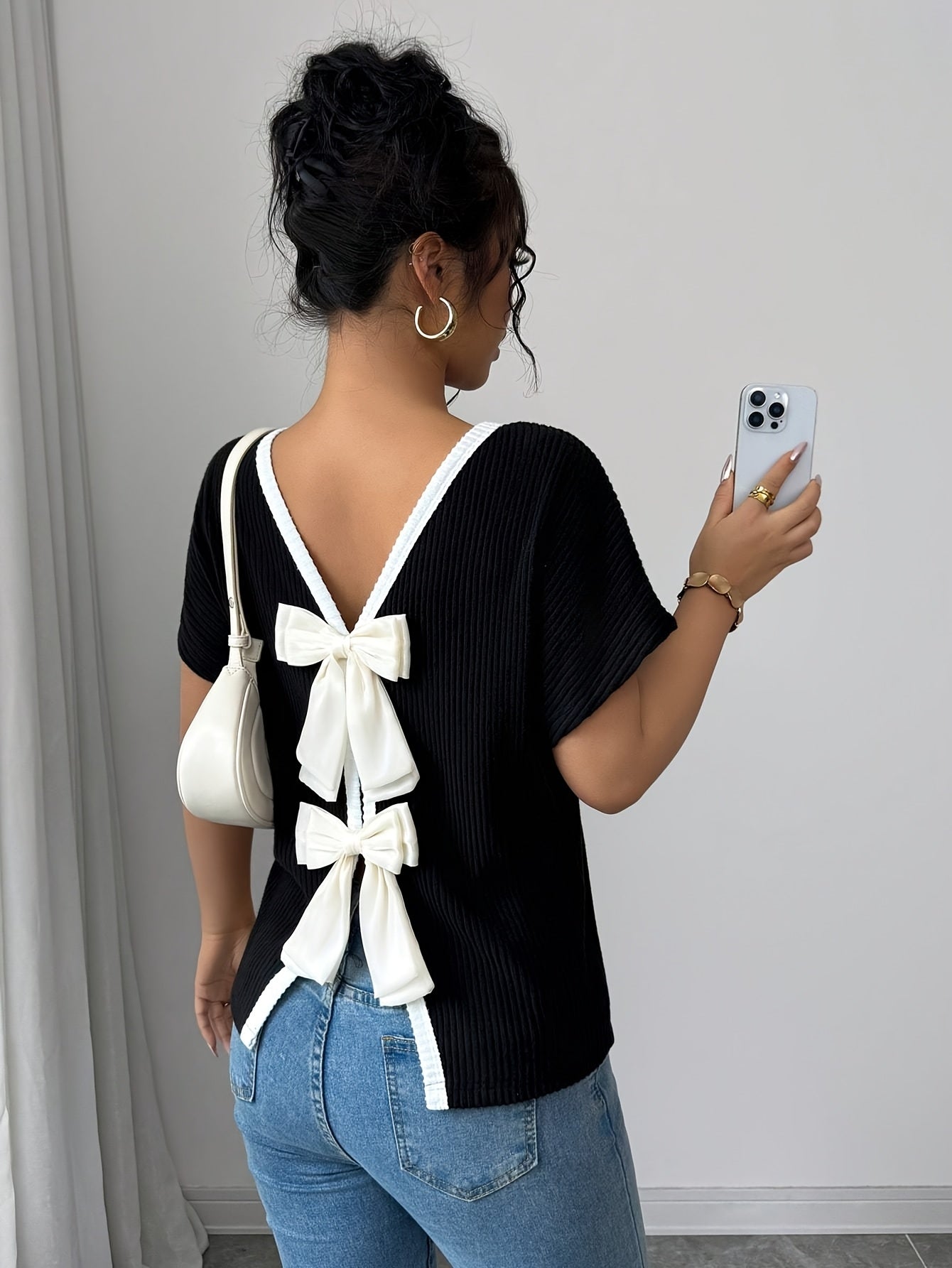 Nzmarket™ Veloria V-Neck Bow Back T-Shirt – Casual Chic, Lightweight
