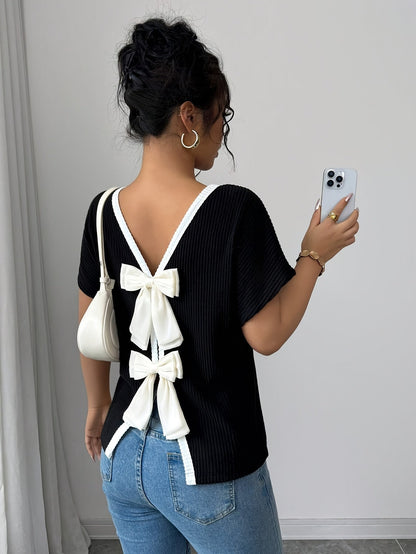 Nzmarket™ Veloria V-Neck Bow Back T-Shirt – Casual Chic, Lightweight