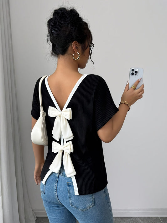 Nzmarket™ Veloria V-Neck Bow Back T-Shirt – Casual Chic, Lightweight