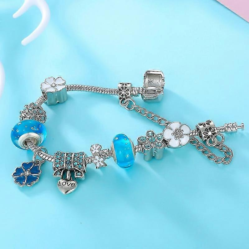 Nzmarket Sterling Silver Floral Charm Bracelet – Blue, Pink & White