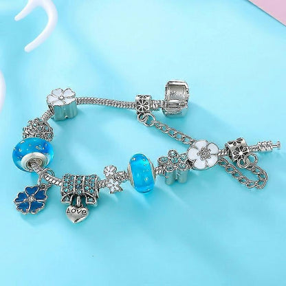 Nzmarket Sterling Silver Floral Charm Bracelet – Blue, Pink & White