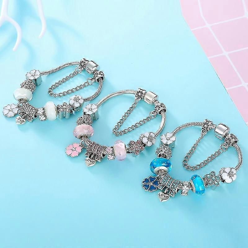 Nzmarket Sterling Silver Floral Charm Bracelet – Blue, Pink & White