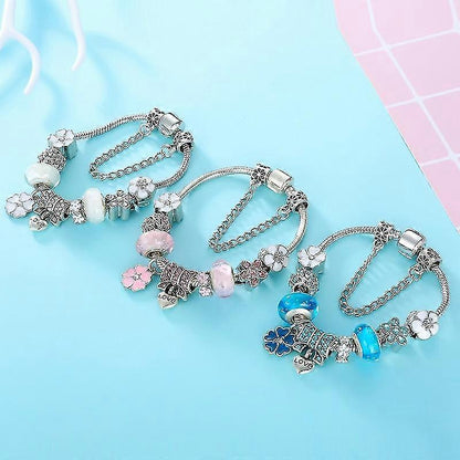 Nzmarket Sterling Silver Floral Charm Bracelet – Blue, Pink & White