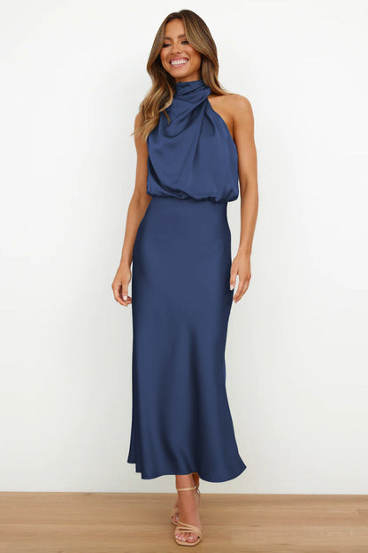 Nzmarket Valerie Long Satin Halter Neck Dress – Elegant Formal Evening Wear