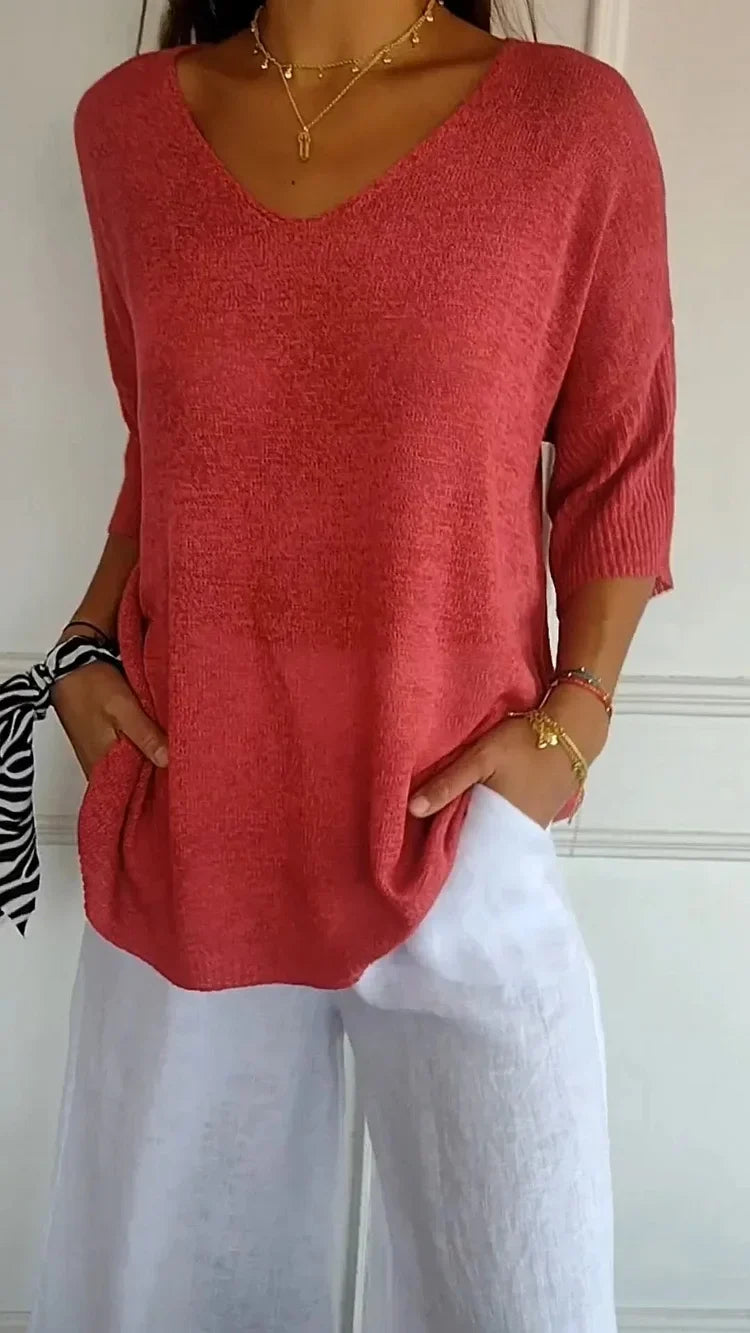 Mia - Cozy Top with Knitted V-Neck