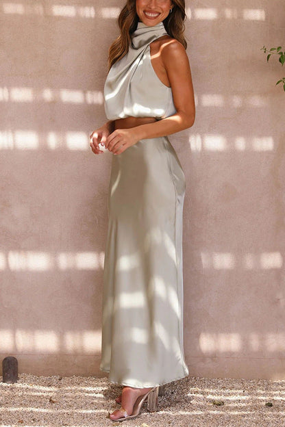 Nzmarket Lily Satin Top & Skirt Set – Silky Elegant Evening Wear