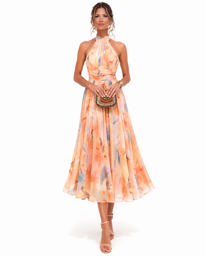 Halvera | Printed Halterneck Flowing Occasion Midi Dress
