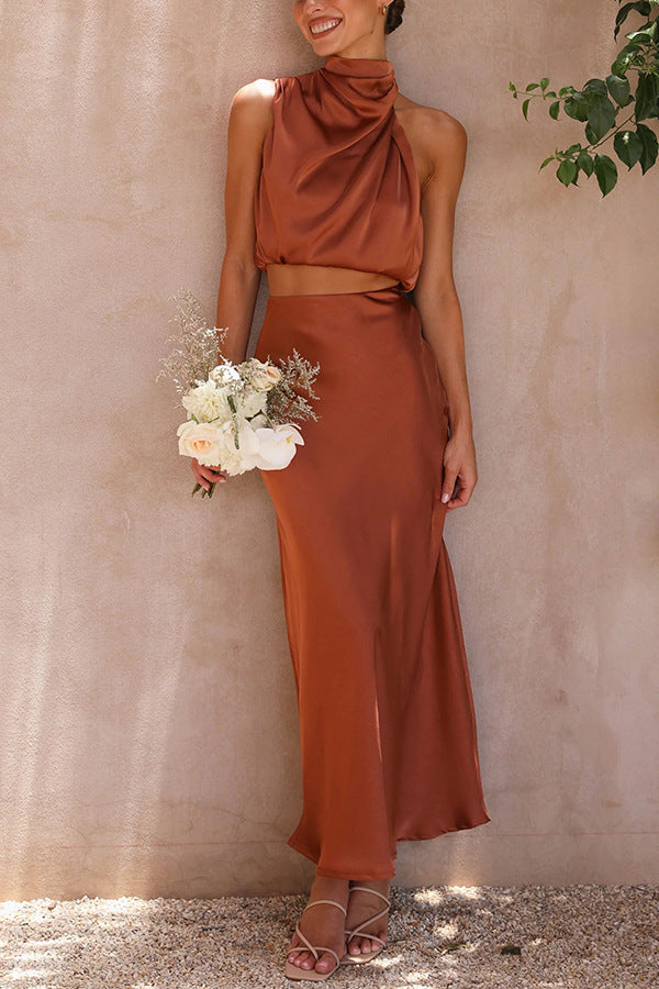 Nzmarket Lily Satin Top & Skirt Set – Silky Elegant Evening Wear