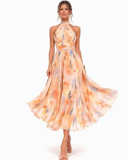 Halvera | Printed Halterneck Flowing Occasion Midi Dress
