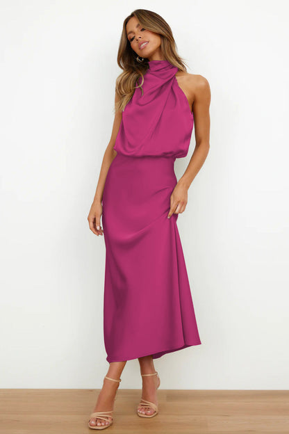 Nzmarket Valerie Long Satin Halter Neck Dress – Elegant Formal Evening Wear