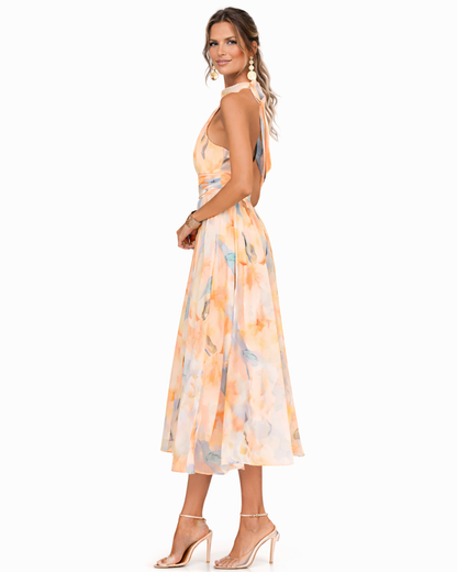 Halvera | Printed Halterneck Flowing Occasion Midi Dress