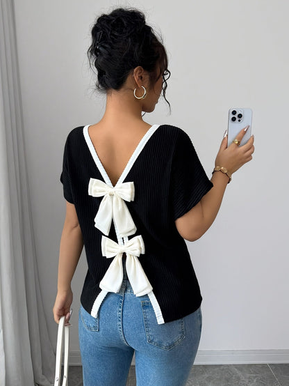 Nzmarket™ Veloria V-Neck Bow Back T-Shirt – Casual Chic, Lightweight