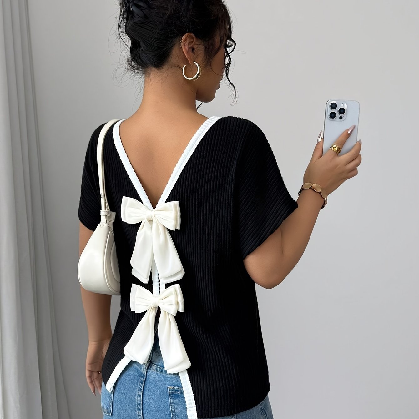 Nzmarket™ Veloria V-Neck Bow Back T-Shirt – Casual Chic, Lightweight