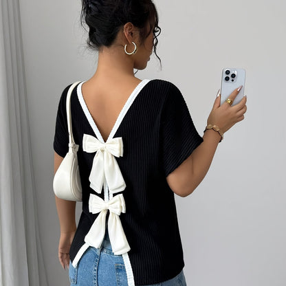 Nzmarket™ Veloria V-Neck Bow Back T-Shirt – Casual Chic, Lightweight