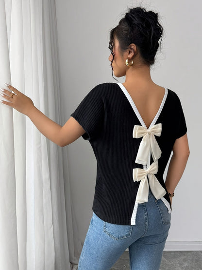 Nzmarket™ Veloria V-Neck Bow Back T-Shirt – Casual Chic, Lightweight