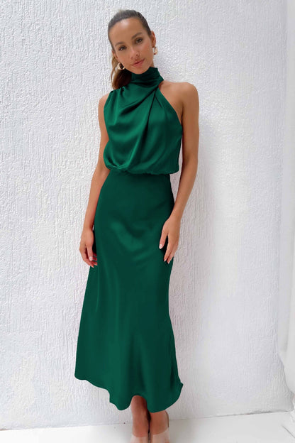 Nzmarket Valerie Long Satin Halter Neck Dress – Elegant Formal Evening Wear