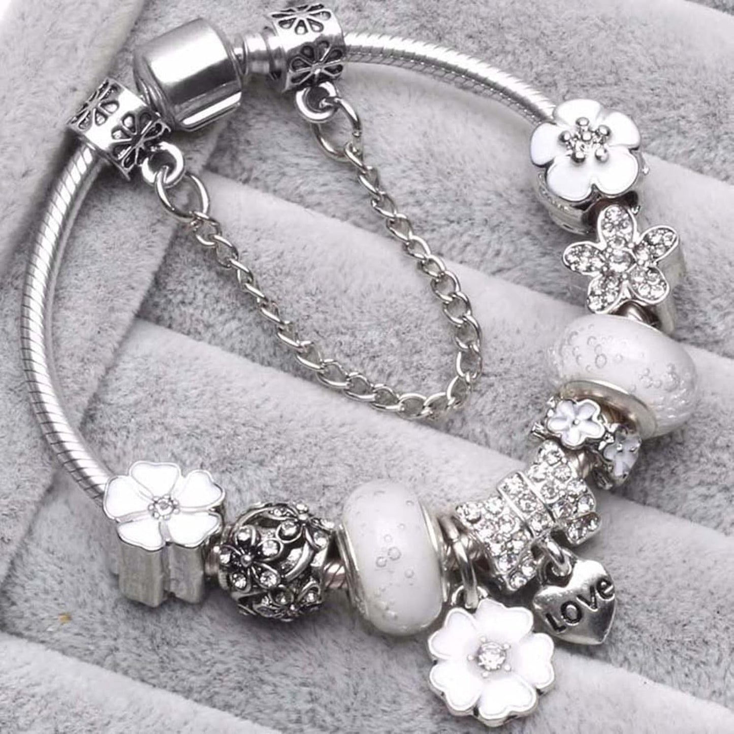 Nzmarket Sterling Silver Floral Charm Bracelet – Blue, Pink & White