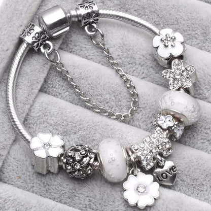 Nzmarket Sterling Silver Floral Charm Bracelet – Blue, Pink & White