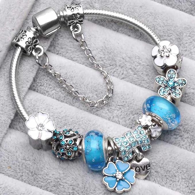 Nzmarket Sterling Silver Floral Charm Bracelet – Blue, Pink & White