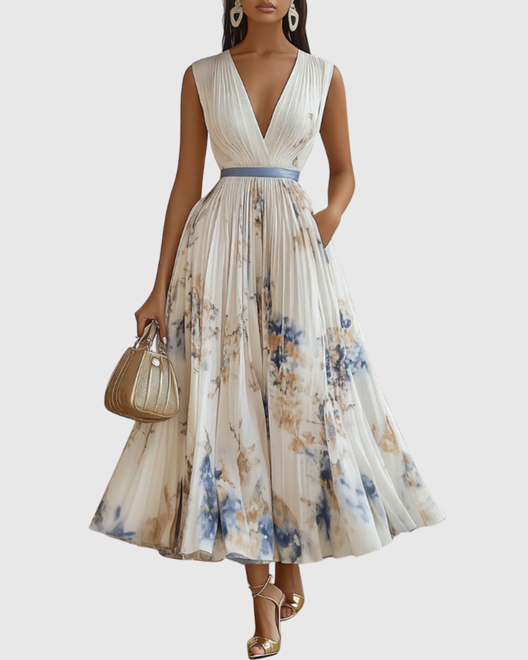 Plyssara | Printed Pleated Deep V Occasion Maxi Dress