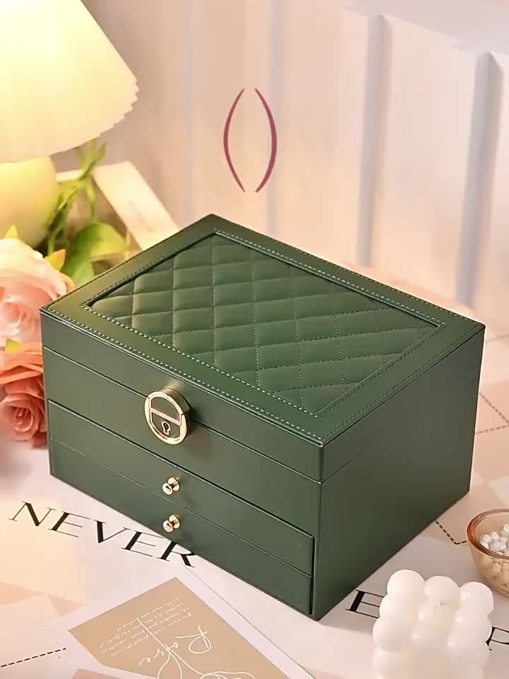 Nzmarket Leather Jewellery Box with Drawers – Black, Green & White