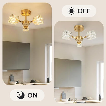 Nzmarket™ Crystal Gold Semi-Flush Ceiling Light – 3 or 6-Head Cascading Design
