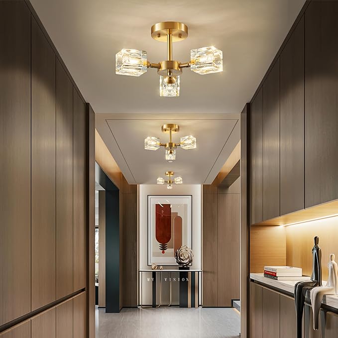 Nzmarket™ Crystal Gold Semi-Flush Ceiling Light – 3 or 6-Head Cascading Design