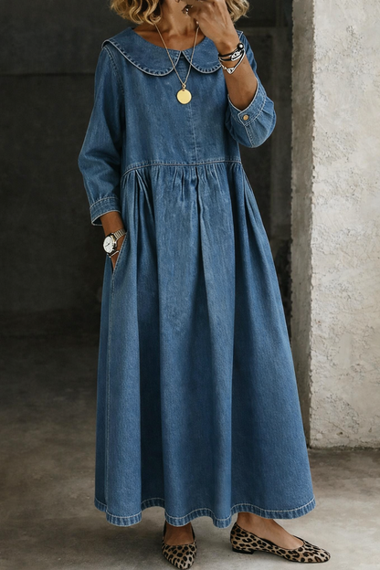 Denim Dress with Peter Pan Collar for Women