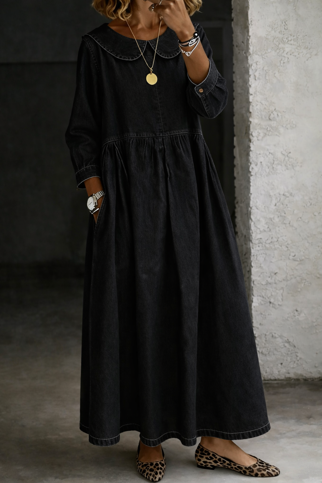 Denim Dress with Peter Pan Collar for Women