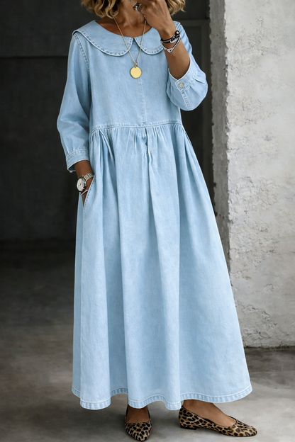 Denim Dress with Peter Pan Collar for Women