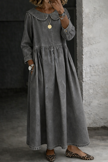 Denim Dress with Peter Pan Collar for Women