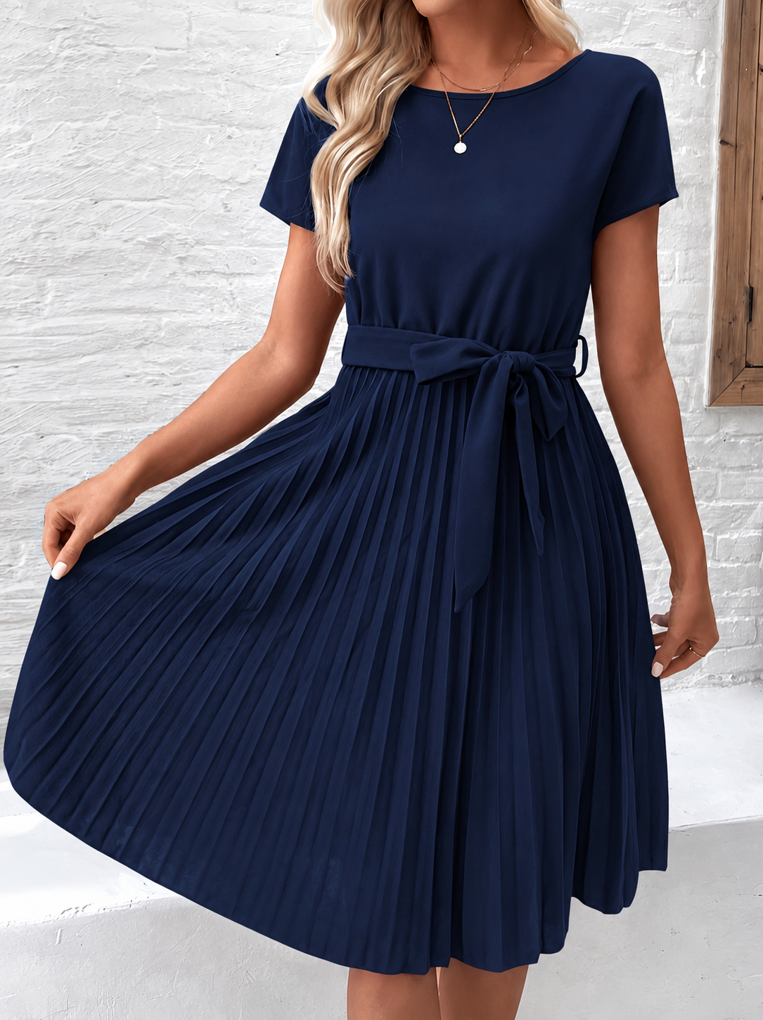 Plisse | Pleated Tie Waist Short Sleeve Occasion Midi Dress