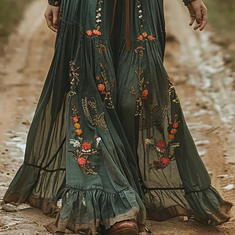 Embova | Embroidered Boho Sheer Sleeve Evening Maxi Dress