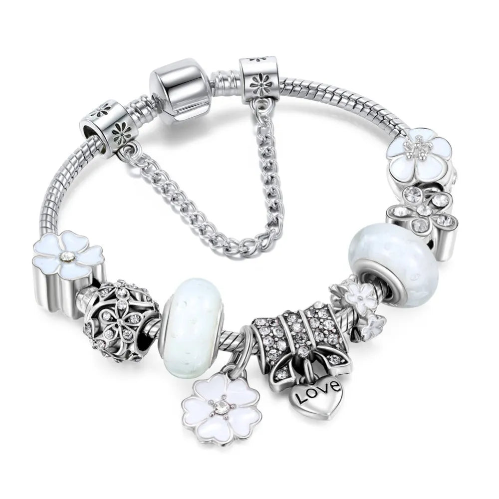 Nzmarket Sterling Silver Floral Charm Bracelet – Blue, Pink & White