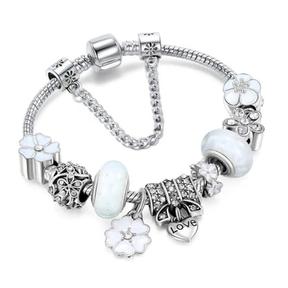 Nzmarket Sterling Silver Floral Charm Bracelet – Blue, Pink & White