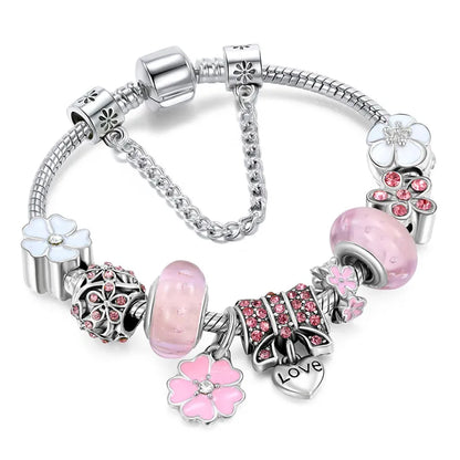 Nzmarket Sterling Silver Floral Charm Bracelet – Blue, Pink & White