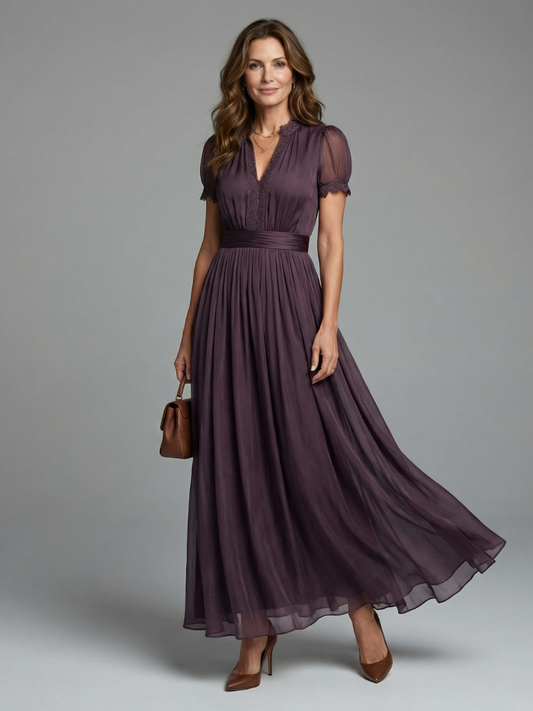 Sheerova | Pleated Waist Sheer Sleeve Evening Maxi Dress