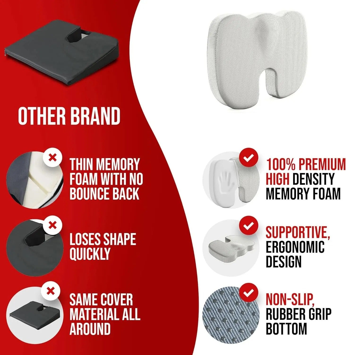 ErgoComfort Memory Foam Seat Cushion - Sciatica & Back Pain Relief
