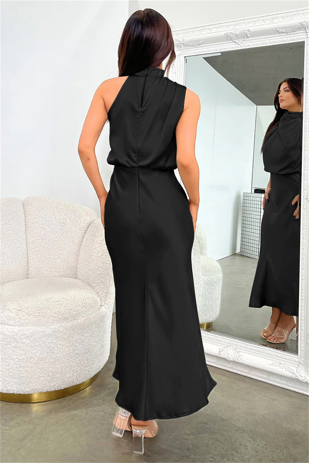 Nzmarket Valerie Long Satin Halter Neck Dress – Elegant Formal Evening Wear