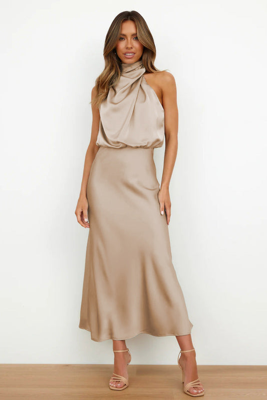 Nzmarket™ Valerie Long Satin Halter Neck Dress – Elegant Formal Evening Wear